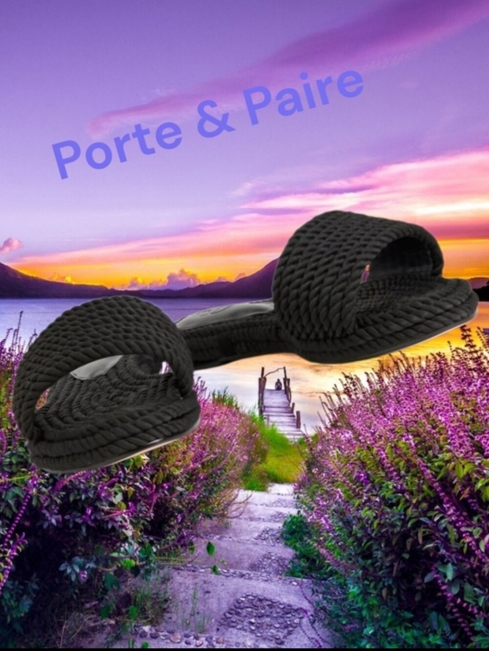 Porte & Paire Women's Black Woven Slide Sandals